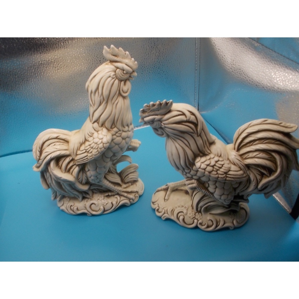 Vintage Inarco Japan Rooster Figurines Pair Cream Porcelain E-3163 Mid Century